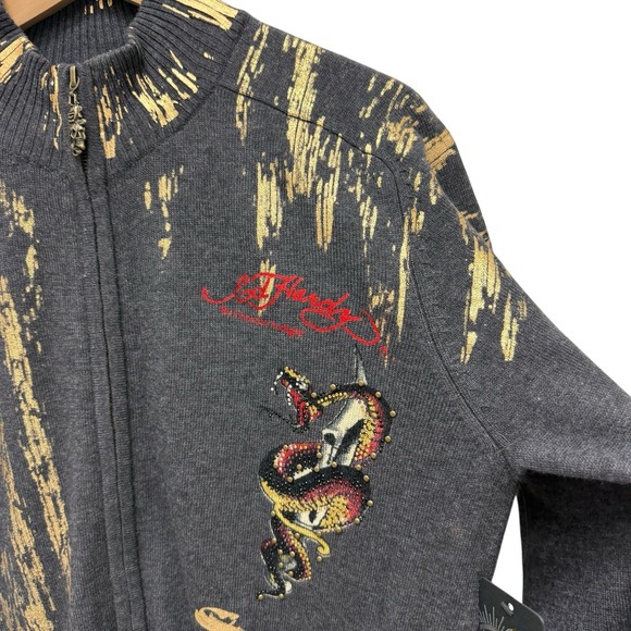 NWT Ed Hardy Charcoal/Gold Born Free Cardigan Sweater Wool Men's Size‎ L - Picture 4 of 11